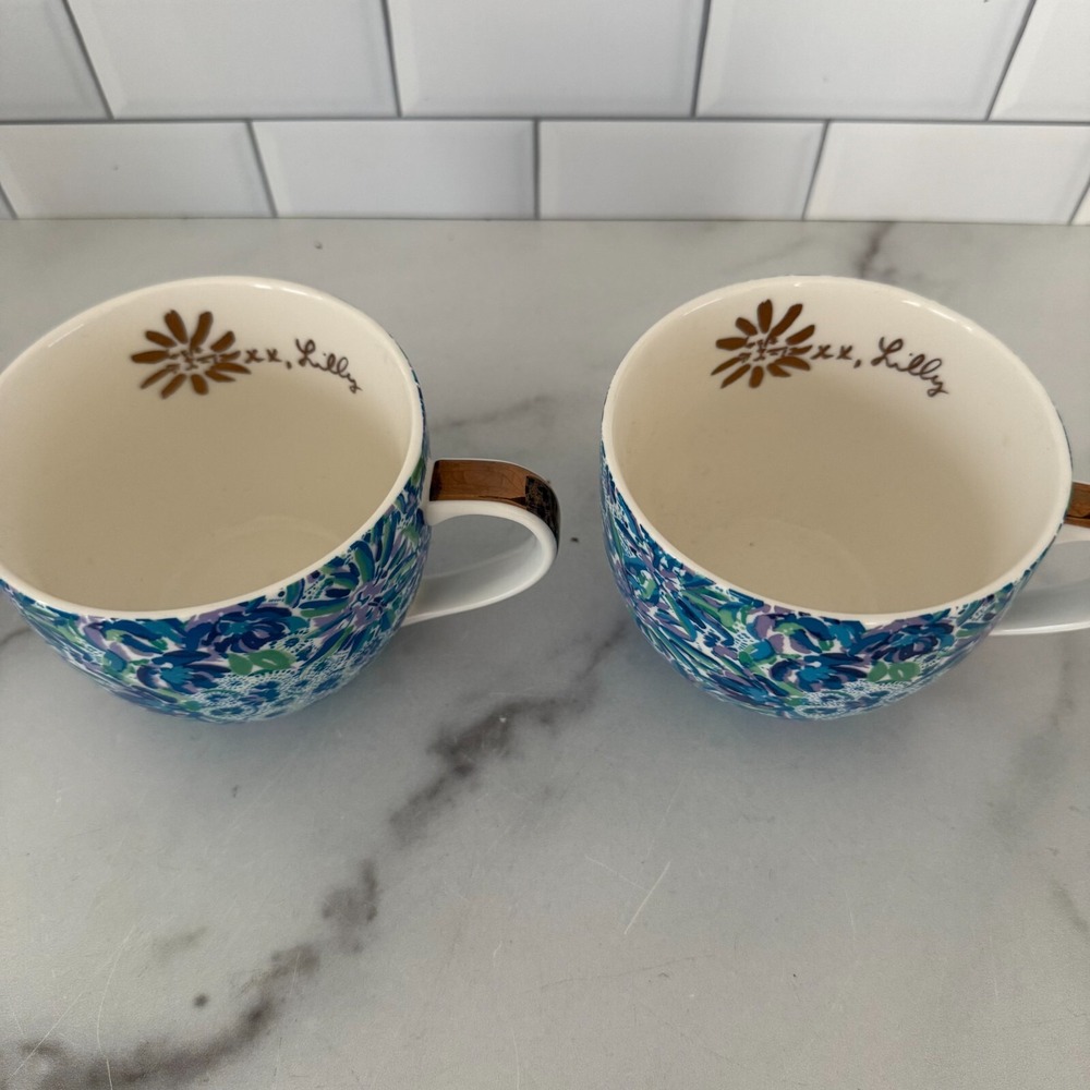 Lilly Pulitzer Ceramic Coffee Tea Cup Mug Tiger Lily Floral Set Of 2 Gold Handle - Picture 2 of 7